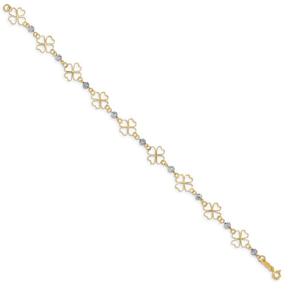 7.5 Inch 14K Two-Tone Diamond-Cut Open Clovers & Beads Bracelet