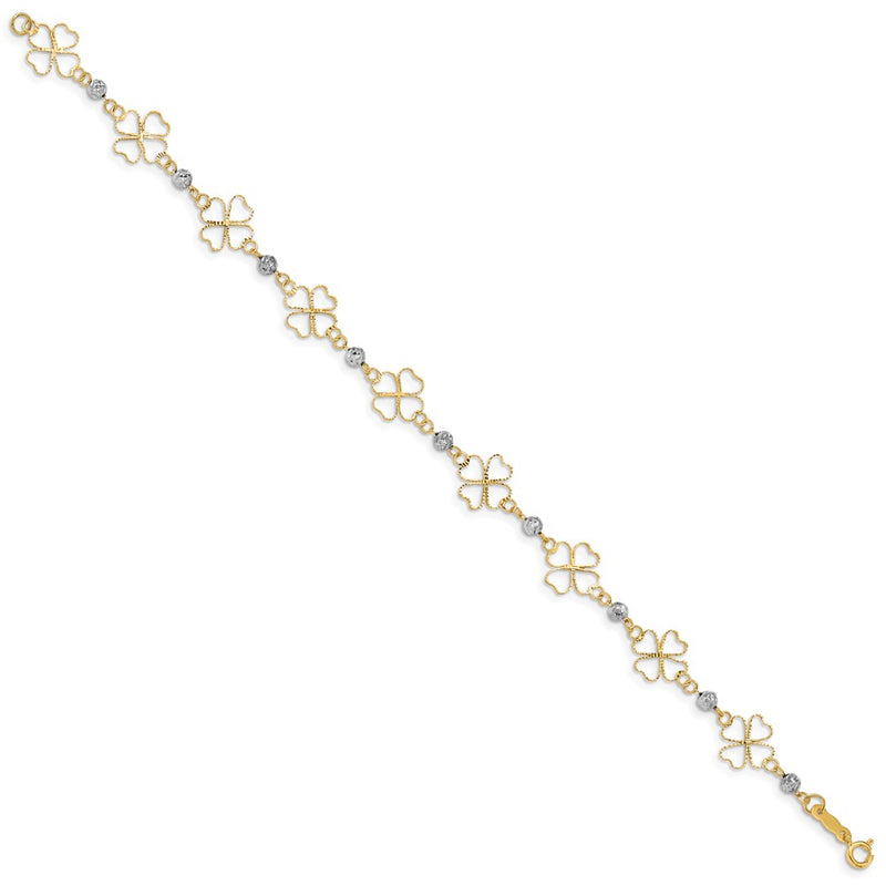 7.5 Inch 14K Two-Tone Diamond-Cut Open Clovers & Beads Bracelet