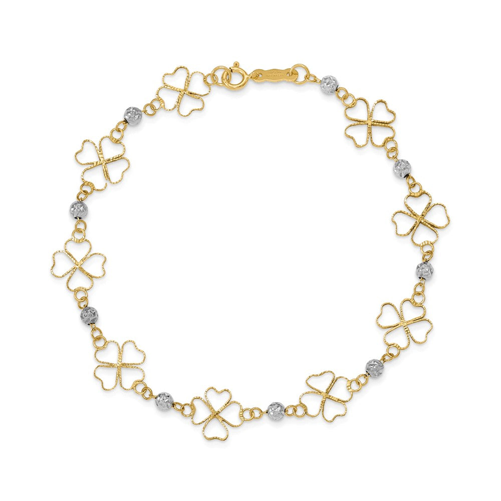 7.5 Inch 14K Two-Tone Diamond-Cut Open Clovers & Beads Bracelet