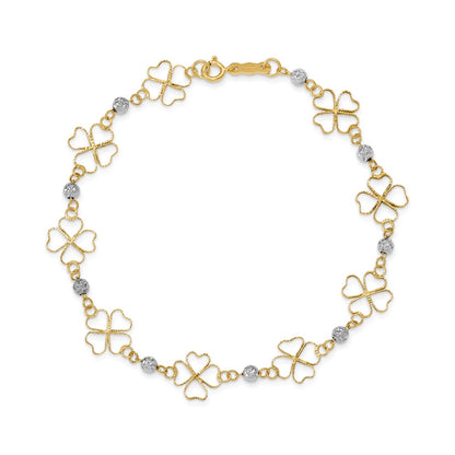 7.5 Inch 14K Two-Tone Diamond-Cut Open Clovers & Beads Bracelet