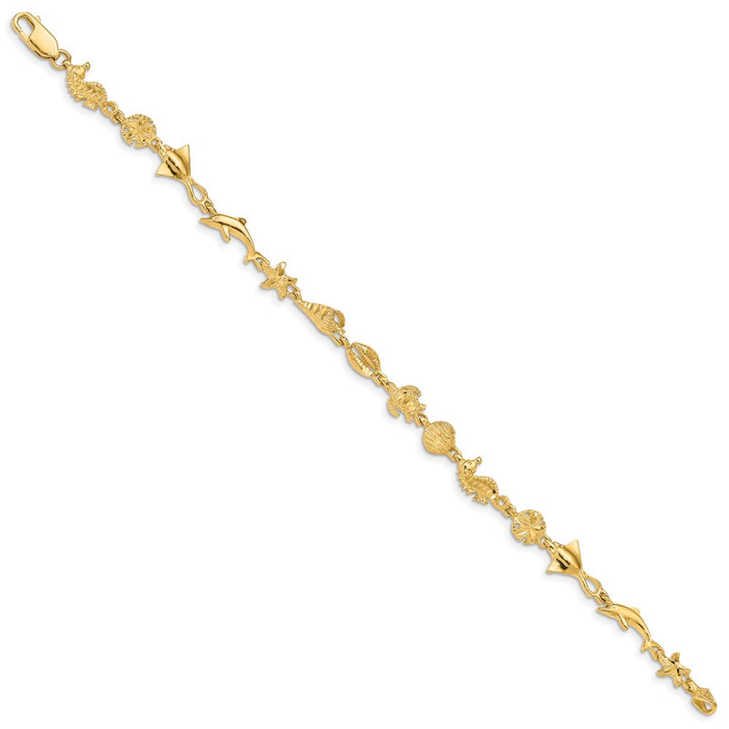14K Yellow Gold Polished And Textured Ocean Motif 7 Inch Bracelet