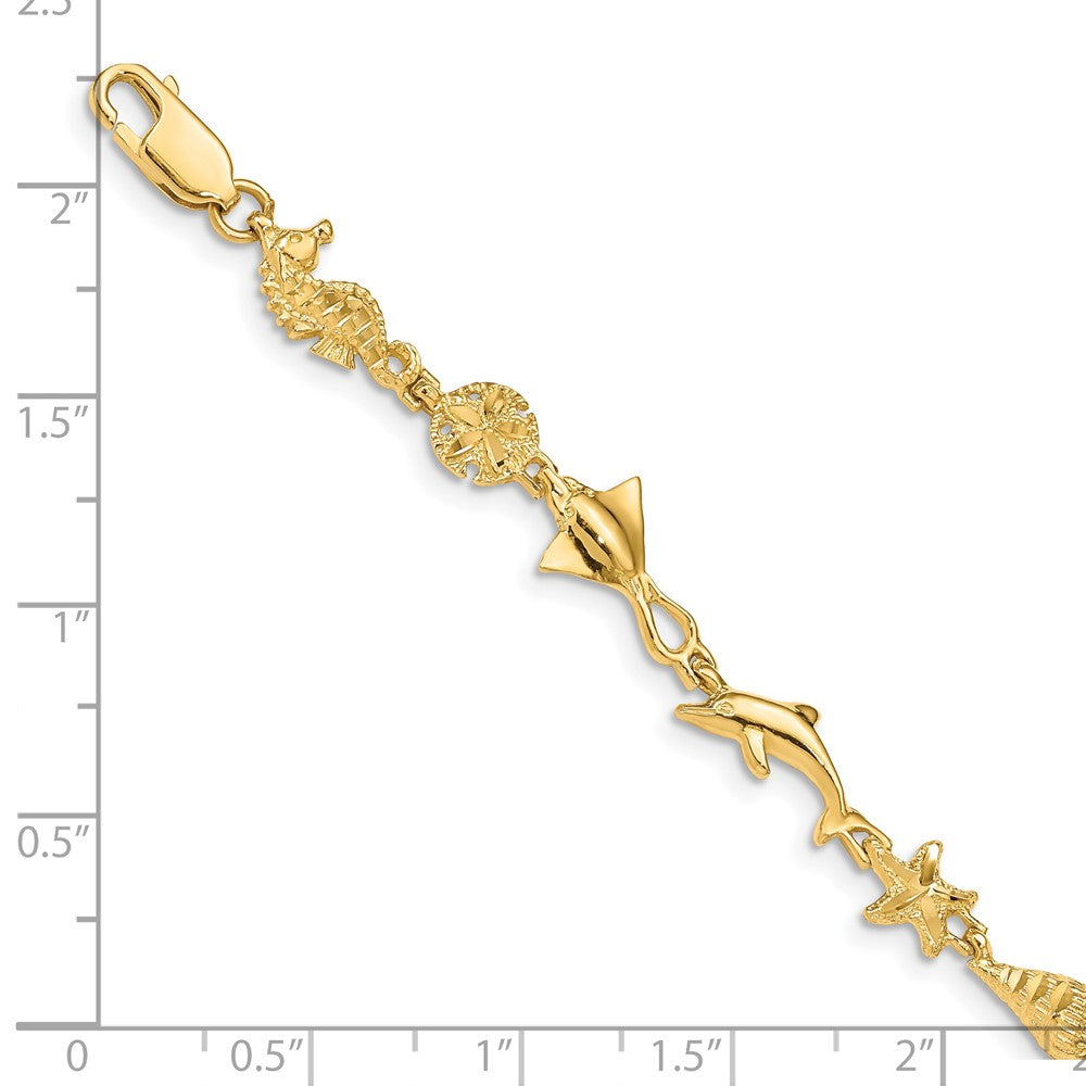 14K Yellow Gold Polished And Textured Ocean Motif 7 Inch Bracelet