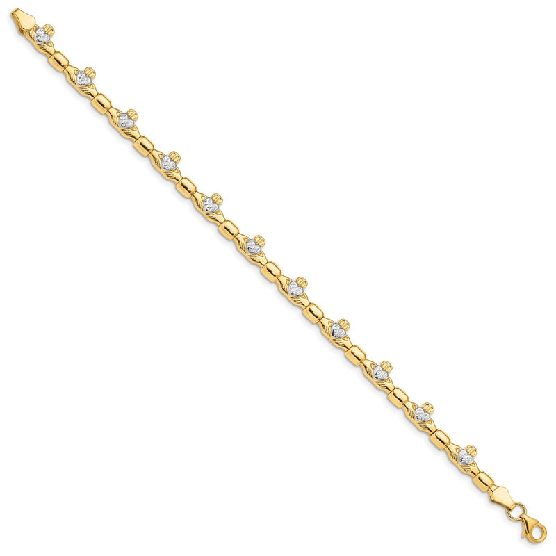 7.25 Inch 14K W/ Rhodium D/C Claddagh Polished Link Bracelet