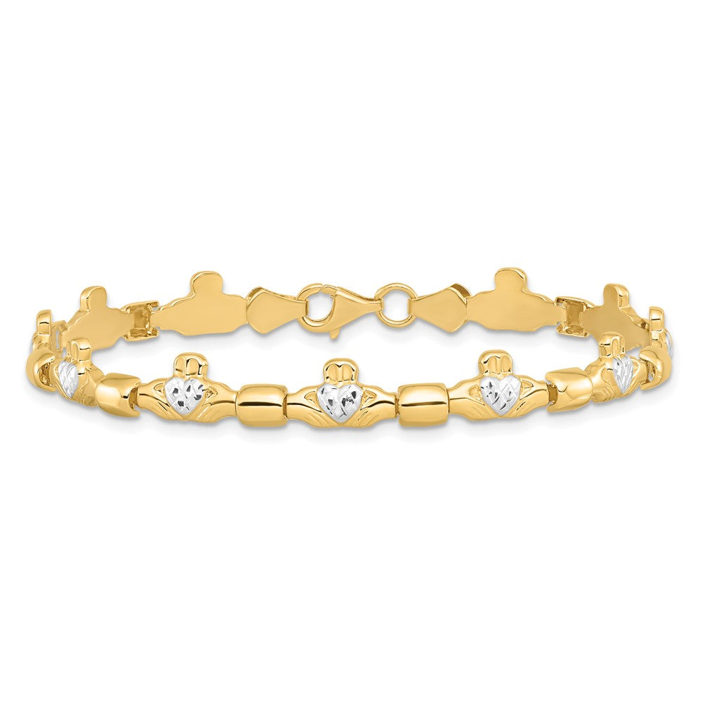 7.25 Inch 14K W/ Rhodium D/C Claddagh Polished Link Bracelet