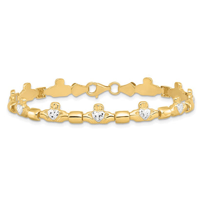 7.25 Inch 14K W/ Rhodium D/C Claddagh Polished Link Bracelet