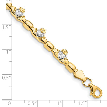 7.25 Inch 14K W/ Rhodium D/C Claddagh Polished Link Bracelet