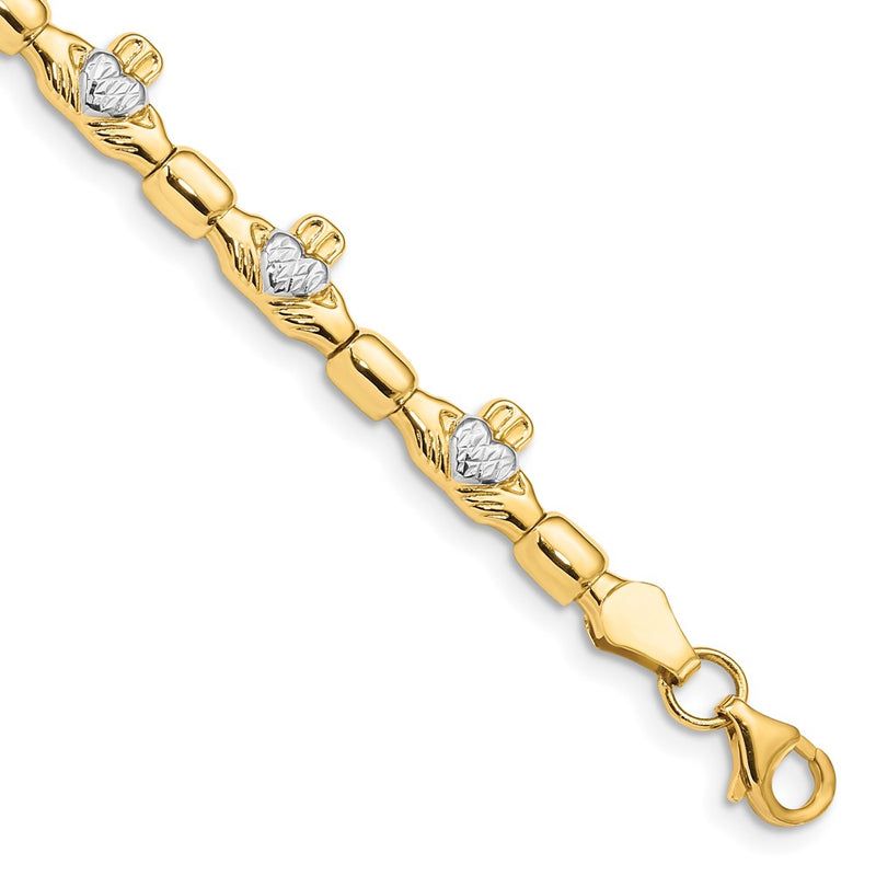 7.25 Inch 14K W/ Rhodium D/C Claddagh Polished Link Bracelet