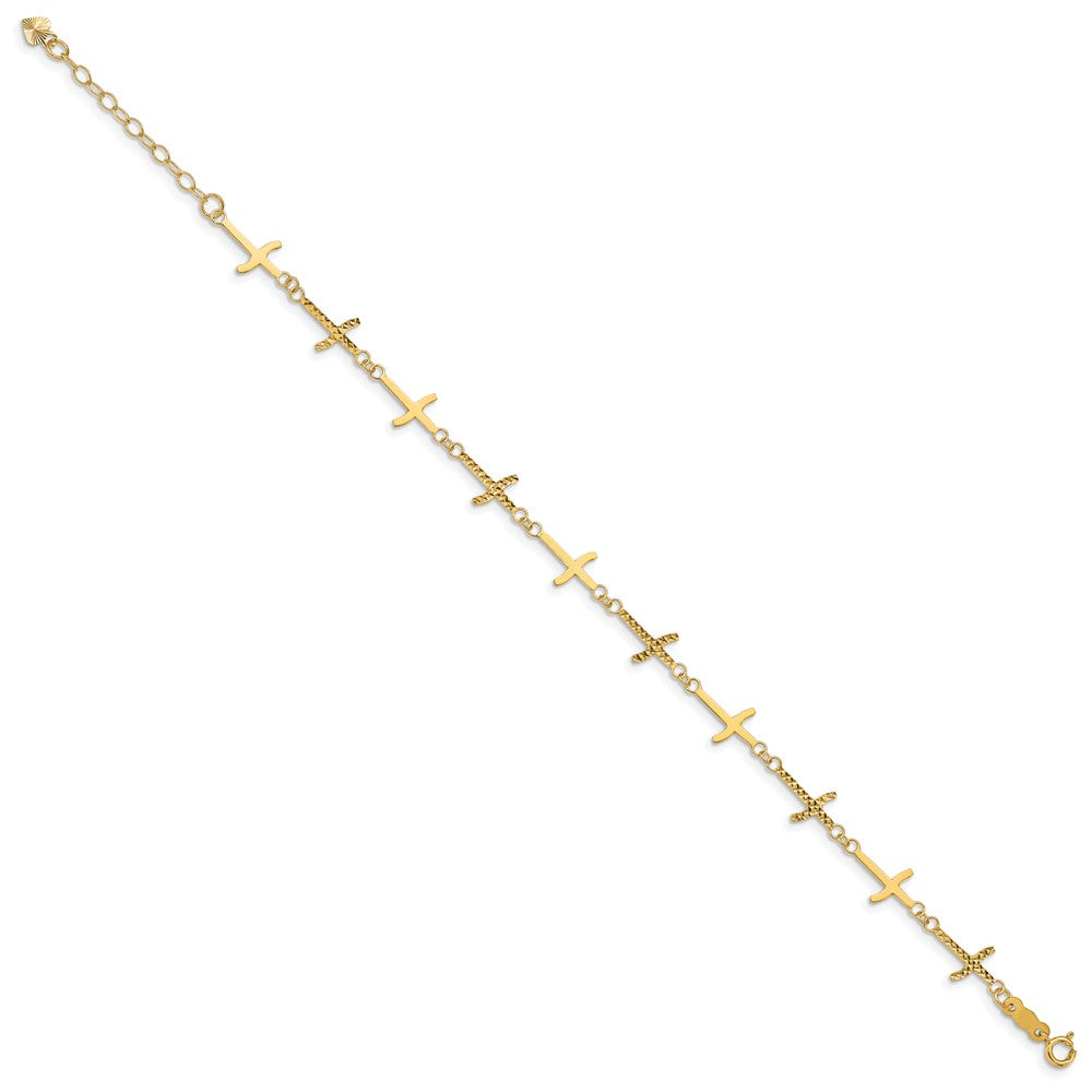 7 Inch 14K Polished Diamond-Cut Crosses W/1In. Ext. Bracelet