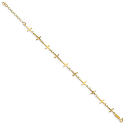 7 Inch 14K Polished Diamond-Cut Crosses W/1In. Ext. Bracelet