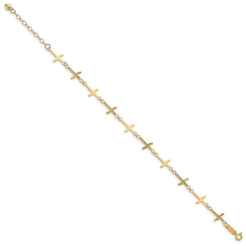 7 Inch 14K Polished Diamond-Cut Crosses W/1In. Ext. Bracelet