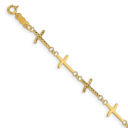 7 Inch 14K Polished Diamond-Cut Crosses W/1In. Ext. Bracelet