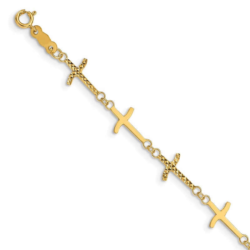 7 Inch 14K Polished Diamond-Cut Crosses W/1In. Ext. Bracelet