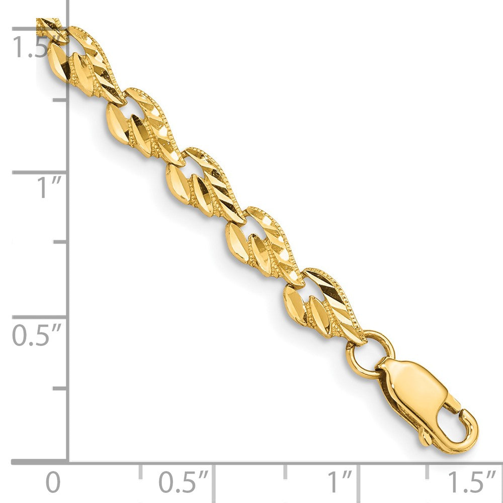 14K Yellow Gold Polished Diamond-Cut Leaf 7 Inch Bracelet