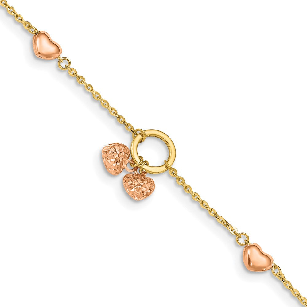 7 Inch 14K Two-Tone Diamond-Cut Hearts W/1In Ext. Bracelet