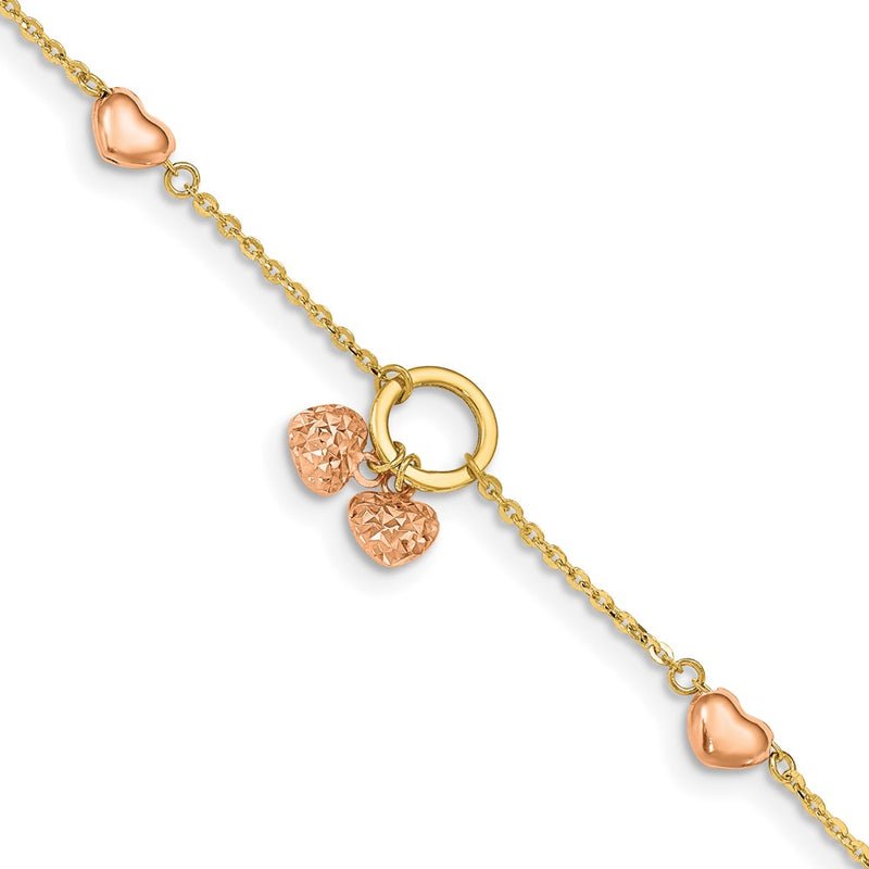 7 Inch 14K Two-Tone Diamond-Cut Hearts W/1In Ext. Bracelet