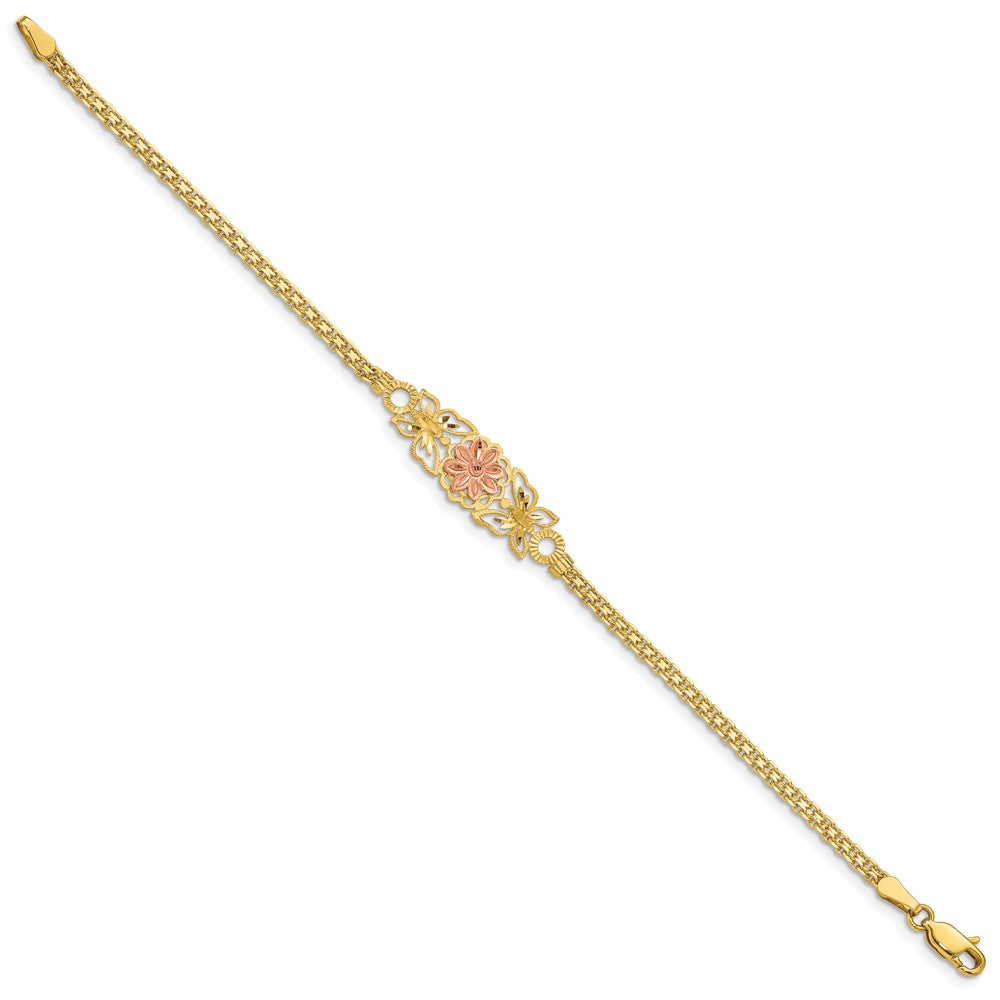7 Inch 14K Two-Tone Brushed & Polished Butterfly Flowers Bracelet