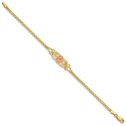 7 Inch 14K Two-Tone Brushed & Polished Butterfly Flowers Bracelet