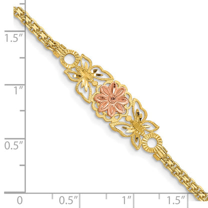 7 Inch 14K Two-Tone Brushed & Polished Butterfly Flowers Bracelet