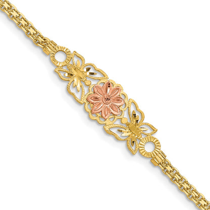 7 Inch 14K Two-Tone Brushed & Polished Butterfly Flowers Bracelet