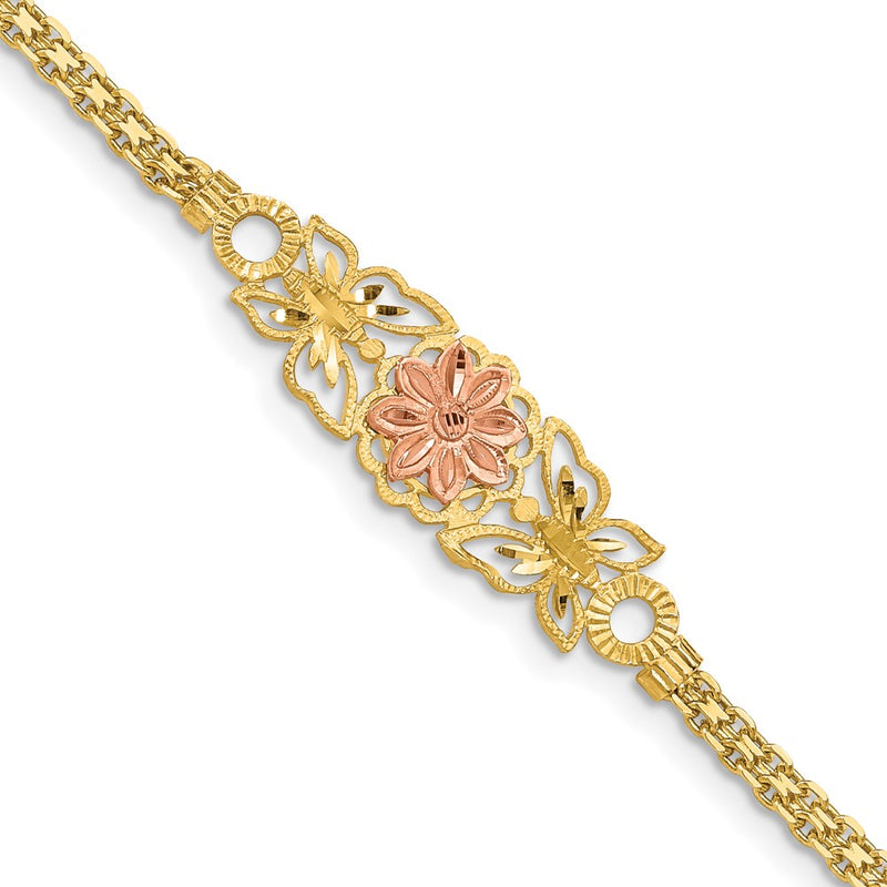 7 Inch 14K Two-Tone Brushed & Polished Butterfly Flowers Bracelet