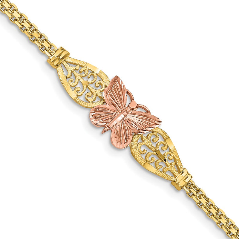 7 Inch 14K Two-Tone Polished & D/C Butterfly Bracelet