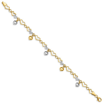 7.25 Inch 14K & White Rhodium Polished Heart D/C Bracelet
