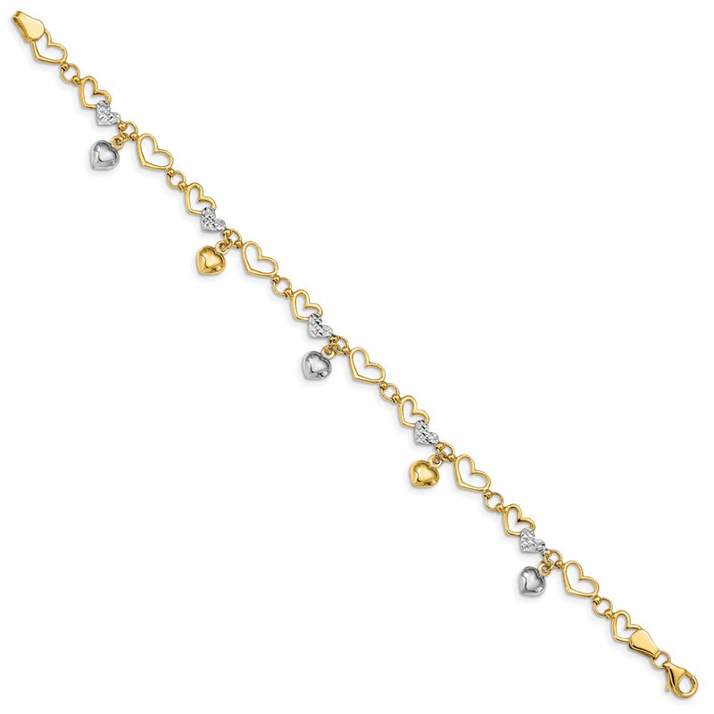 7.25 Inch 14K & White Rhodium Polished Heart D/C Bracelet