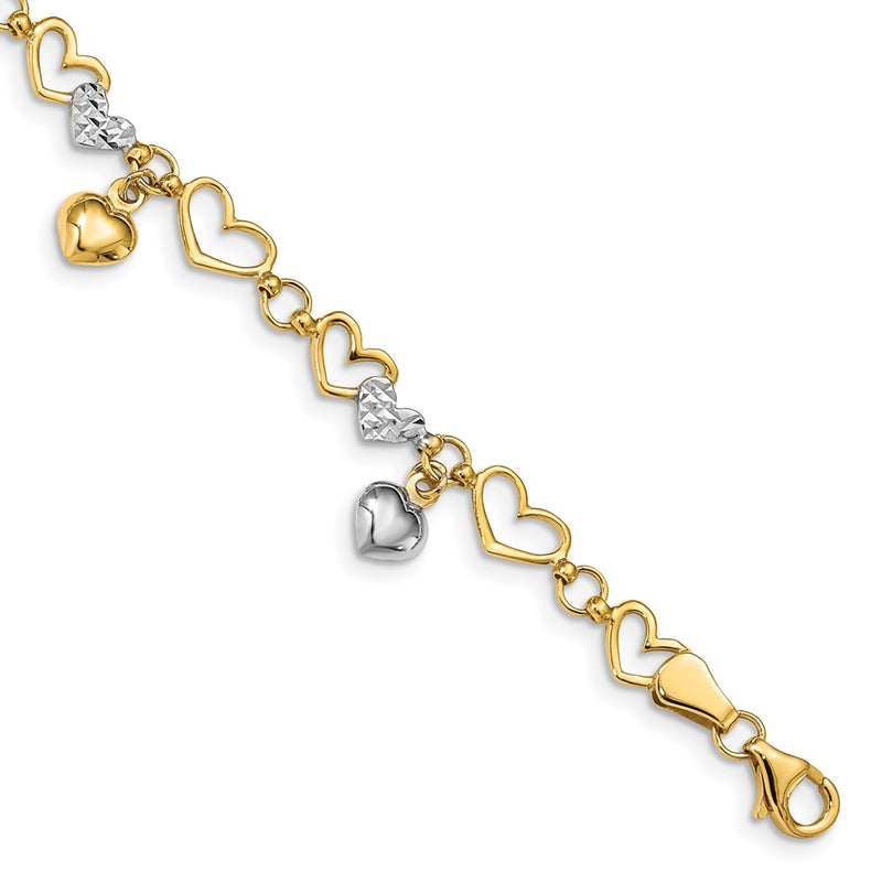 7.25 Inch 14K & White Rhodium Polished Heart D/C Bracelet