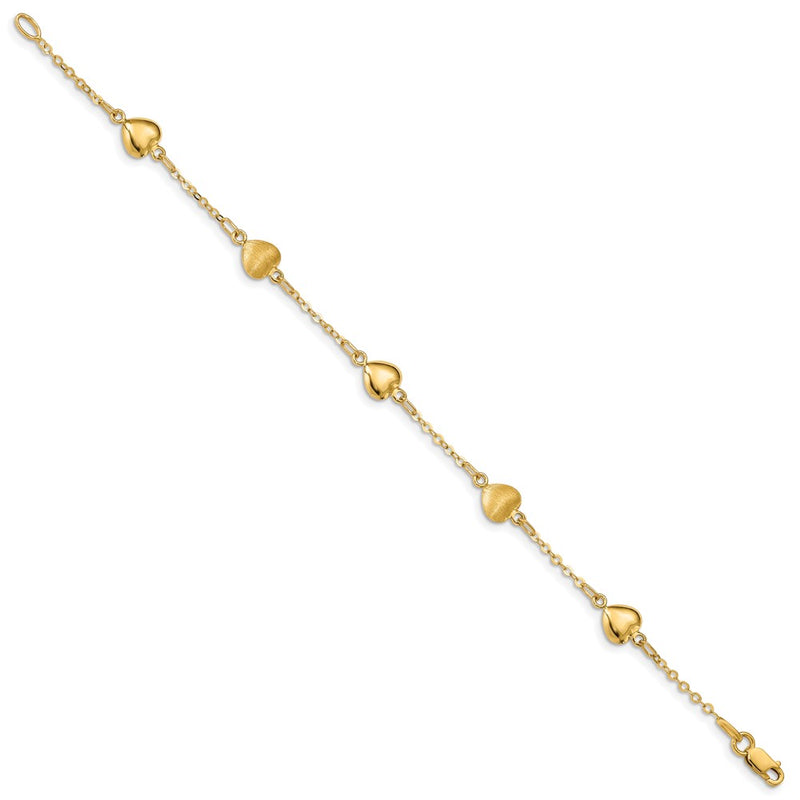 14K Yellow Gold Brushed & Polished Hearts 7 Inch Bracelet