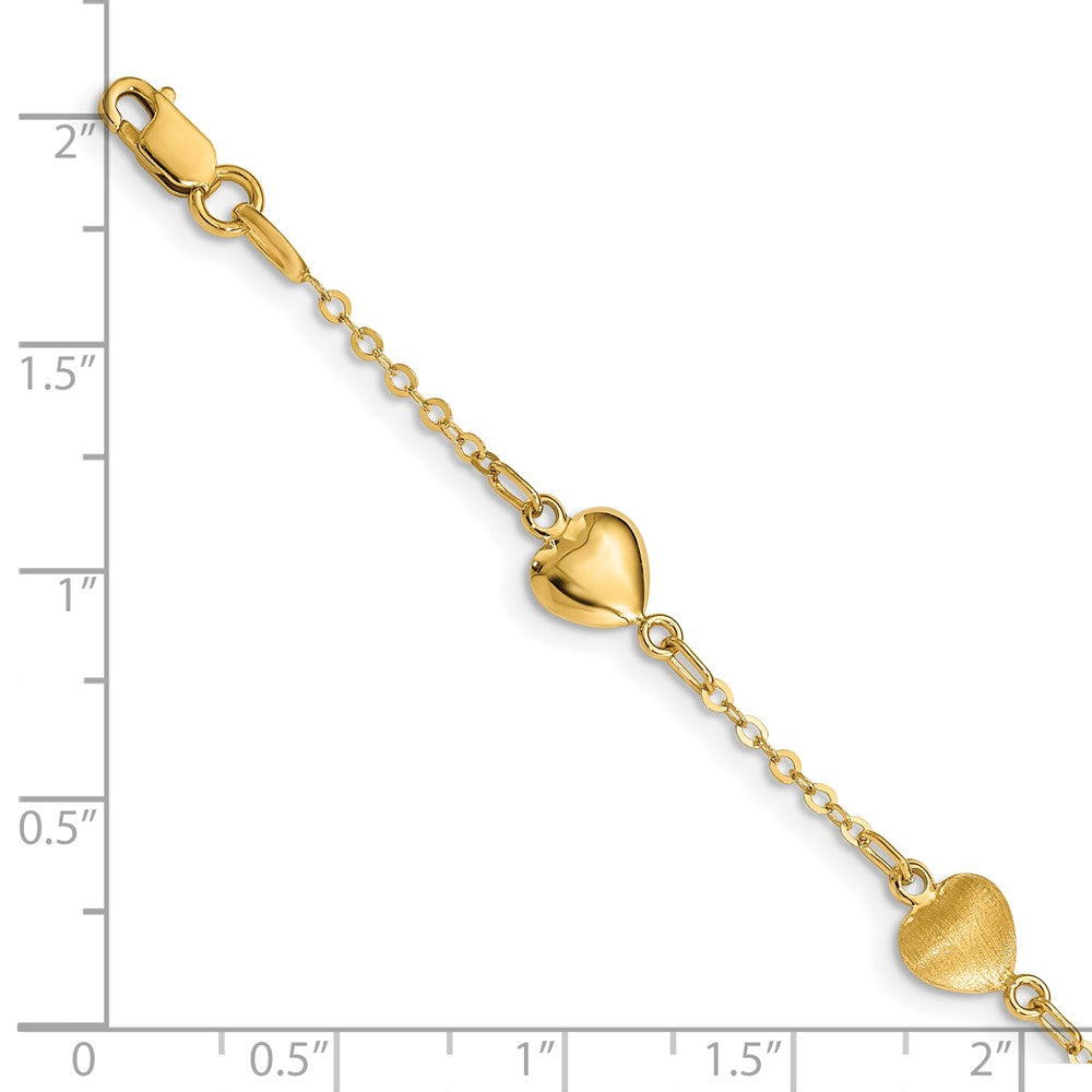 14K Yellow Gold Brushed & Polished Hearts 7 Inch Bracelet