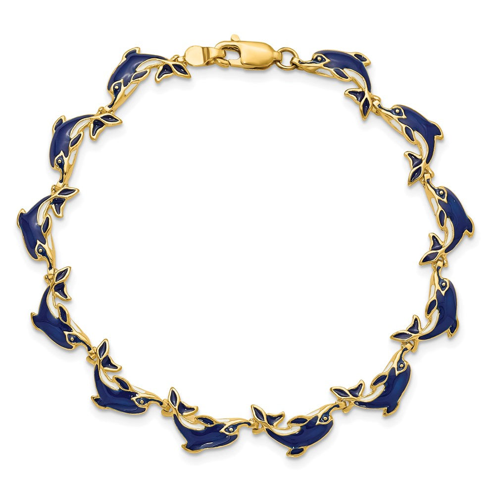 7.25 Inch 14K Enameled Dolphin Bracelet