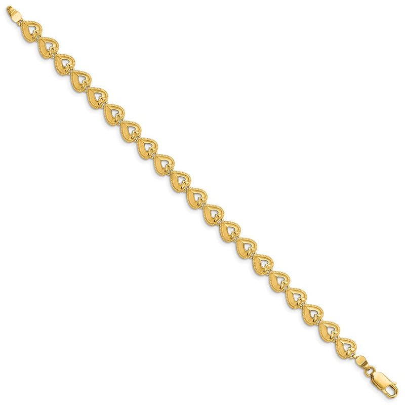 7 Inch 14K Polished Beaded Hearts Bracelet