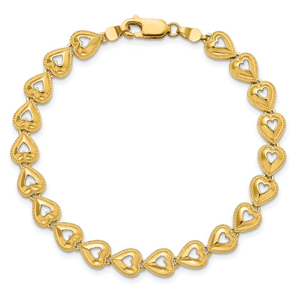 7 Inch 14K Polished Beaded Hearts Bracelet