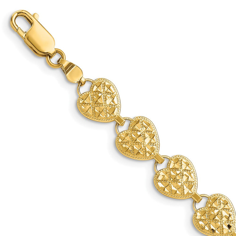 7.5 Inch 14K Polished D/C Hearts Bracelet