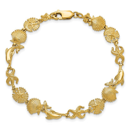 7 Inch 14K Dolphin And Sea Shells Bracelet