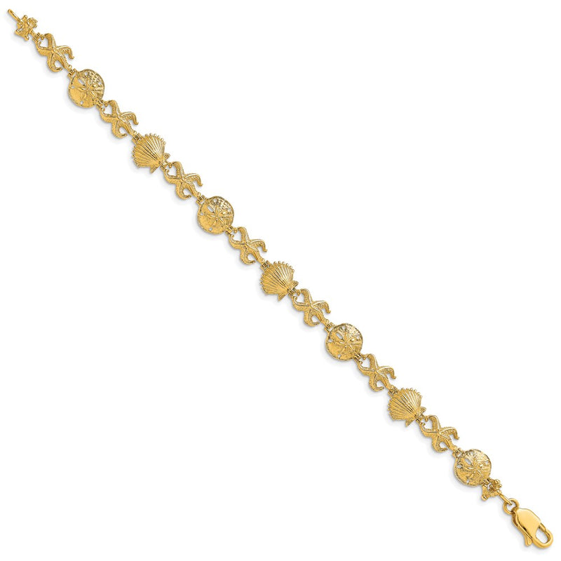 7 Inch 14K Shell, Sand Dollar, Starfish Bracelet
