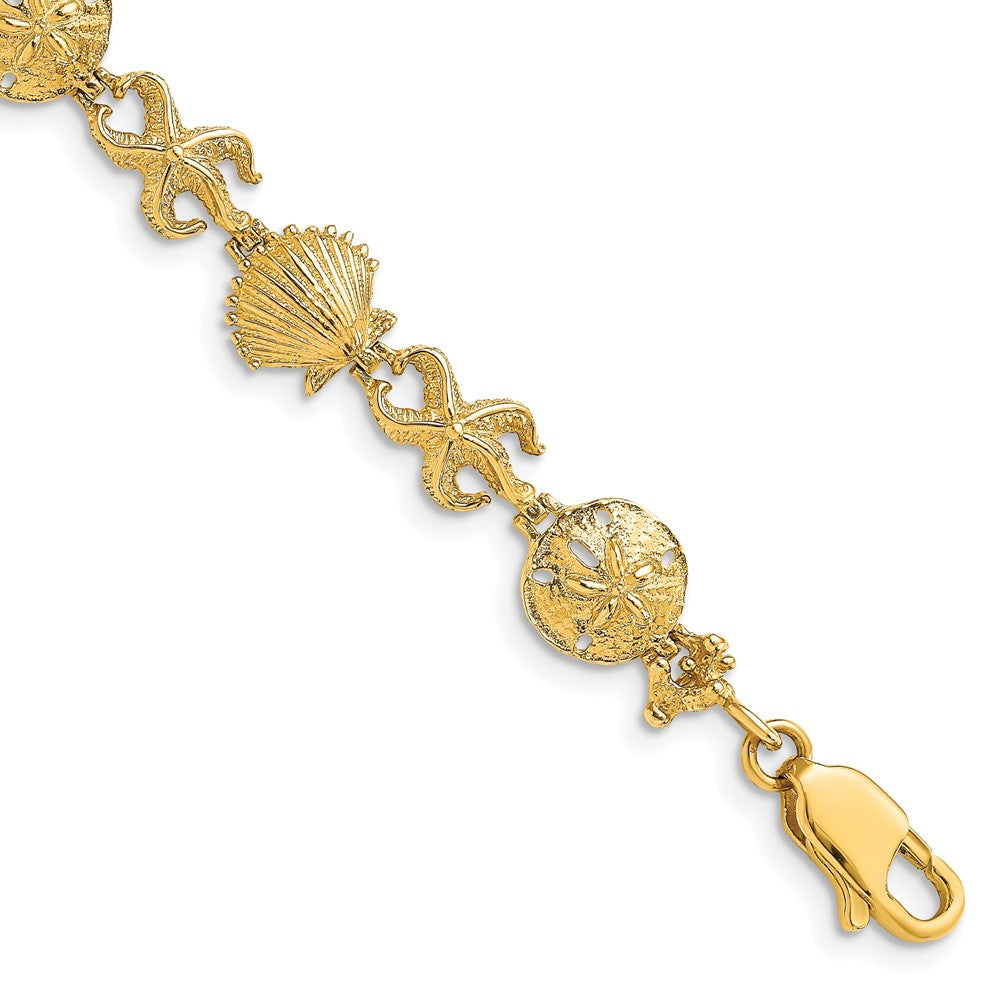 7 Inch 14K Shell, Sand Dollar, Starfish Bracelet