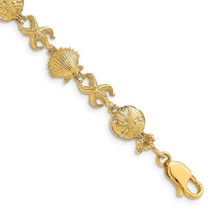 7 Inch 14K Shell, Sand Dollar, Starfish Bracelet