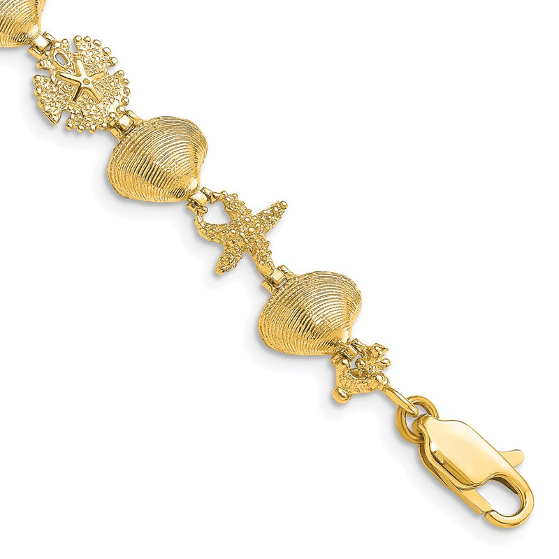 7.25 Inch 14K Sand Dolloar, Clam, Starfish Bracelet