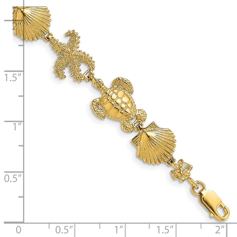 7.5 Inch 14K Polished Turtle, Shell And Starfish Bracelet