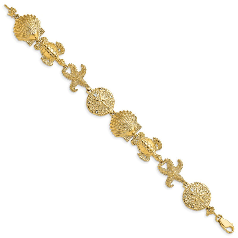 7 Inch 14K Polished Sand Dollar, Starfish, Turtle Link Bracelet