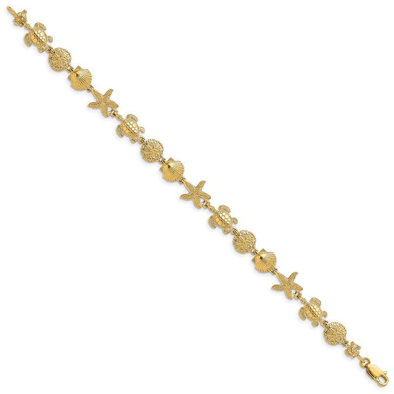 7 Inch 14K Polished Turtle, Sand Dollar, Shell And Starfish Link Bracelet