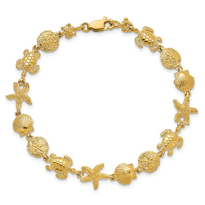 7 Inch 14K Polished Turtle, Sand Dollar, Shell And Starfish Link Bracelet