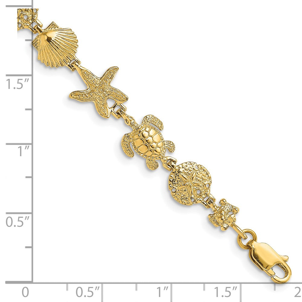 7 Inch 14K Polished Turtle, Sand Dollar, Shell And Starfish Link Bracelet
