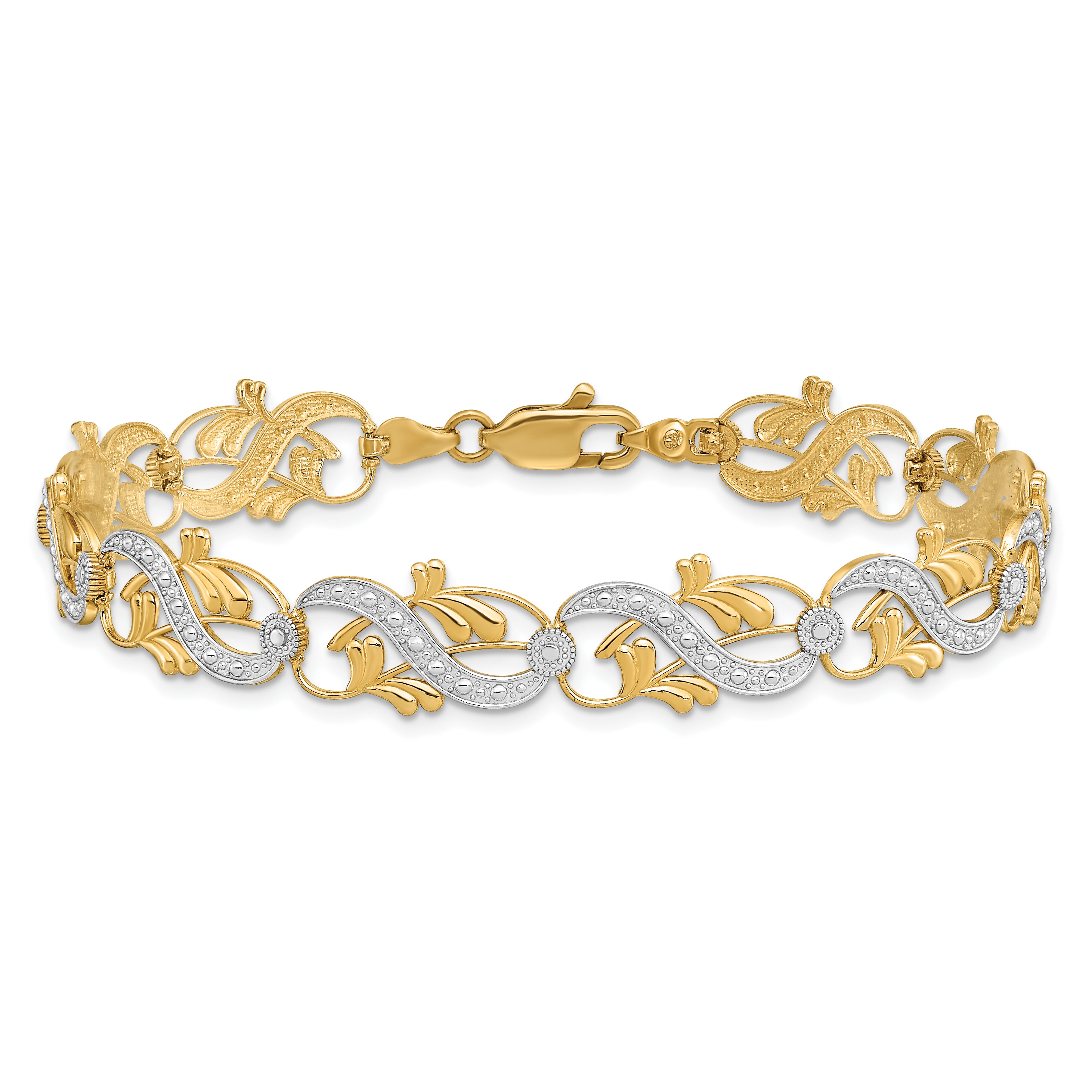 7.5 Inch 14K And White Rhodium Diamond-Cut Fancy Link Bracelet