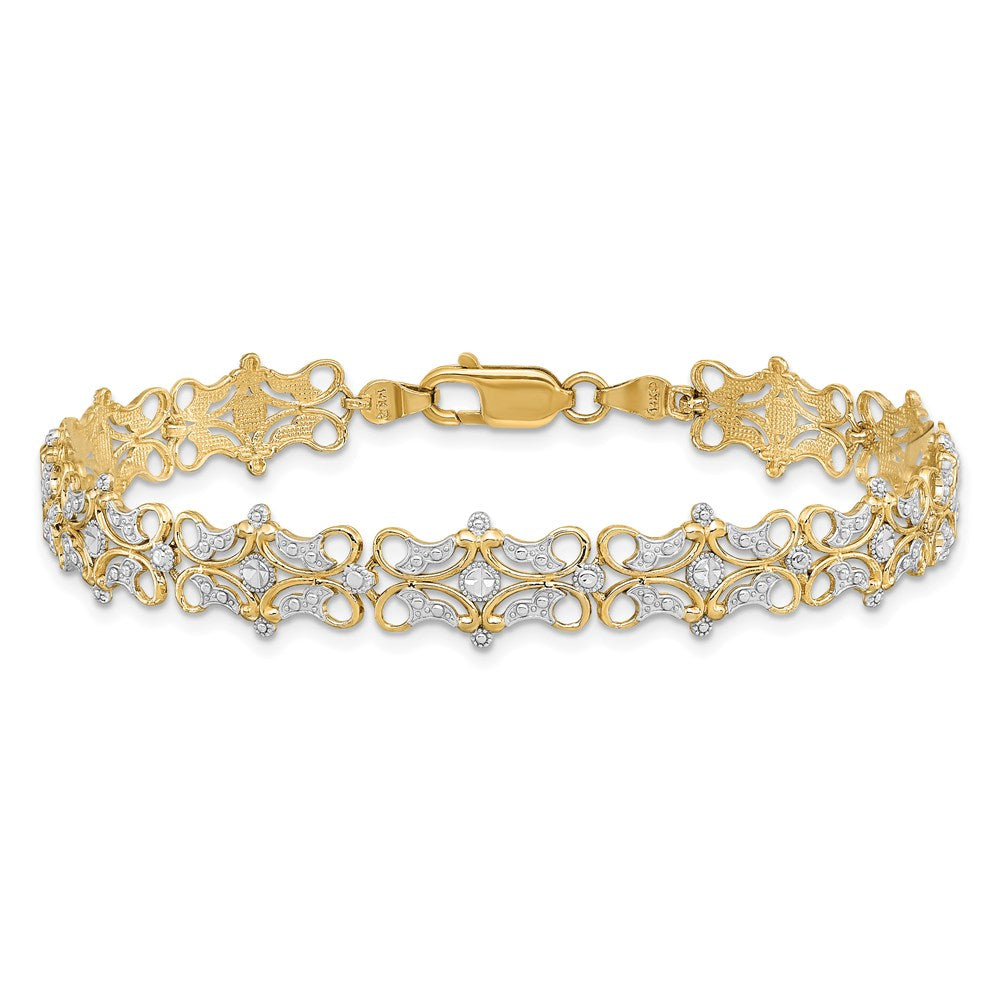 7.5 Inch 14K And White Rhodium Diamond-Cut Fancy Bracelet