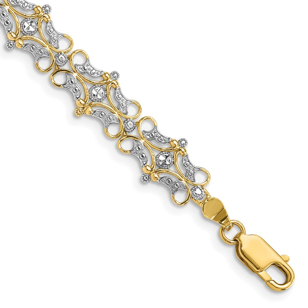 7.5 Inch 14K And White Rhodium Diamond-Cut Fancy Bracelet