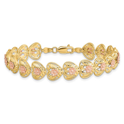 7.25 Inch 14K Two-Tone D/C Heart W/Flowers 7.25In Bracelet