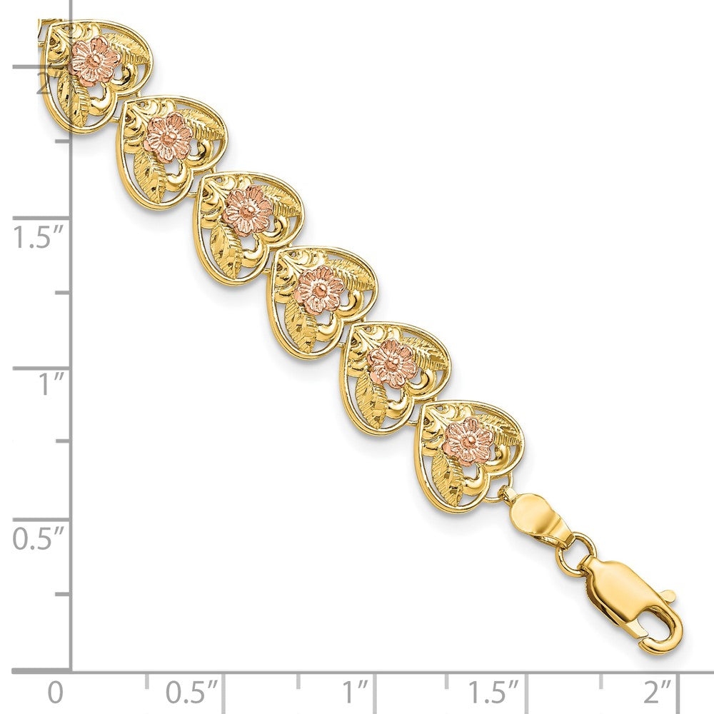 7.25 Inch 14K Two-Tone D/C Heart W/Flowers 7.25In Bracelet