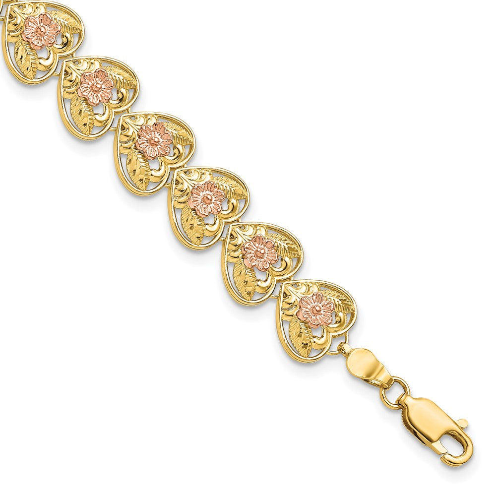 7.25 Inch 14K Two-Tone D/C Heart W/Flowers 7.25In Bracelet
